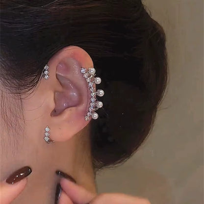 Silver Color Imitation Pearl Earring Women Sparkling Zircon without Piercing Ear Cuff Clip Earrings Wedding Jewelry Ear Clips