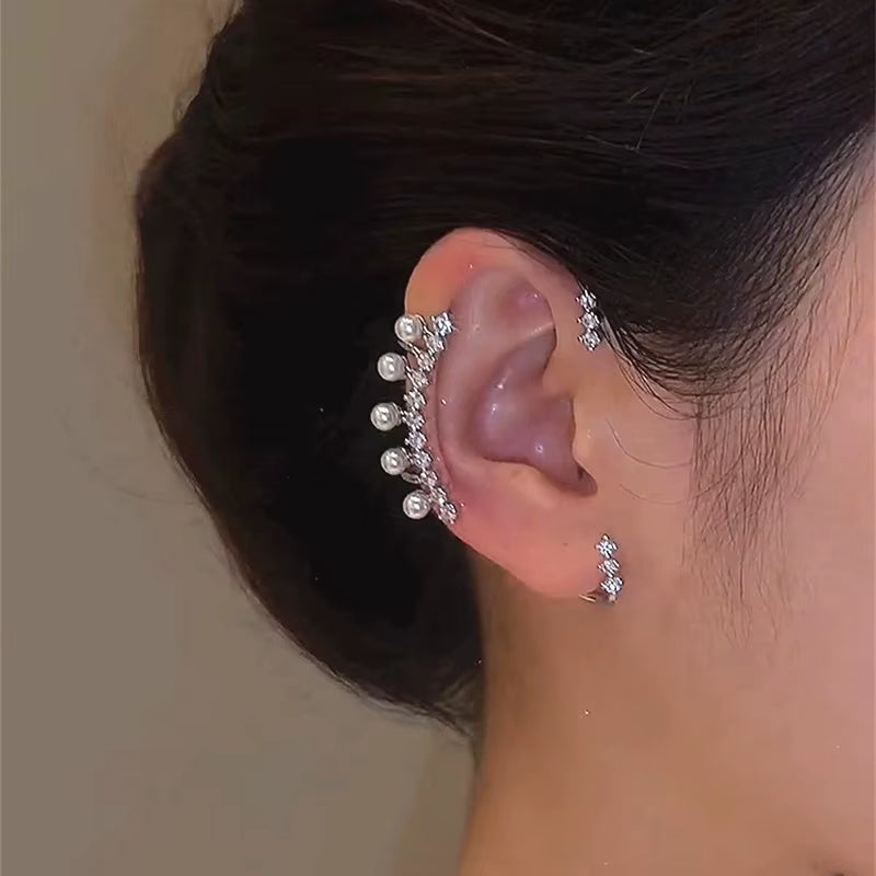 Silver Color Imitation Pearl Earring Women Sparkling Zircon without Piercing Ear Cuff Clip Earrings Wedding Jewelry Ear Clips