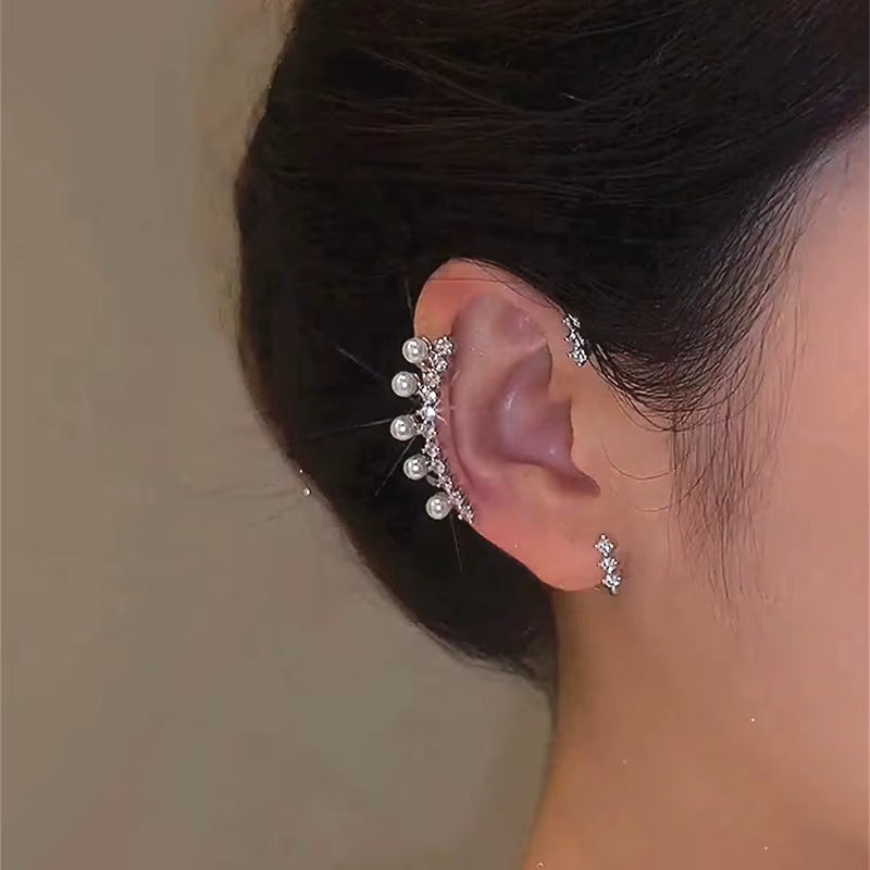 Silver Color Imitation Pearl Earring Women Sparkling Zircon without Piercing Ear Cuff Clip Earrings Wedding Jewelry Ear Clips